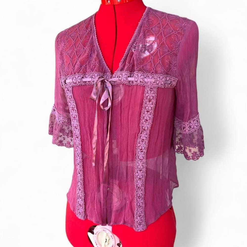 Y2K Dusty Mauve Pink Sheer Lace Blouse With Satin Ribbon Tie Medium fairycore